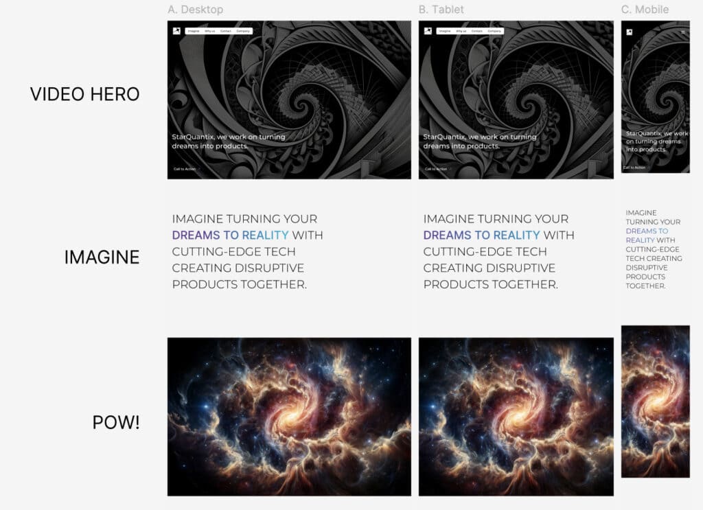 High-fidelity UI Figma screenshot showing those sections now with images, colors, backgrounds and illustrations.